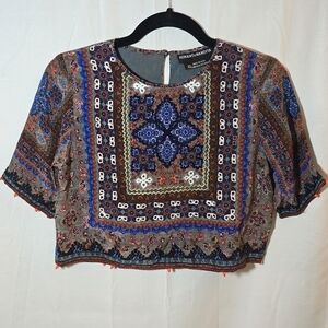 Hemant & Nandita Anthropologie 100% Silk Beaded Cropped Short Sleeve Blouse XS